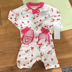 Burt's Bees Baby White Strawberry Print One-Piece with Pink Trim